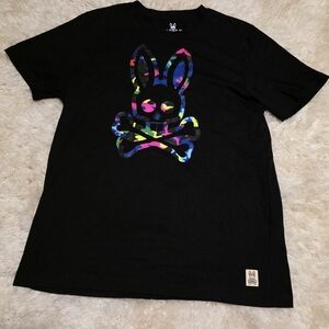 Psycho Bunny Black Short Sleeve Tee  with Vibrant Camo Graphic Bunny Sz. 4 EUC